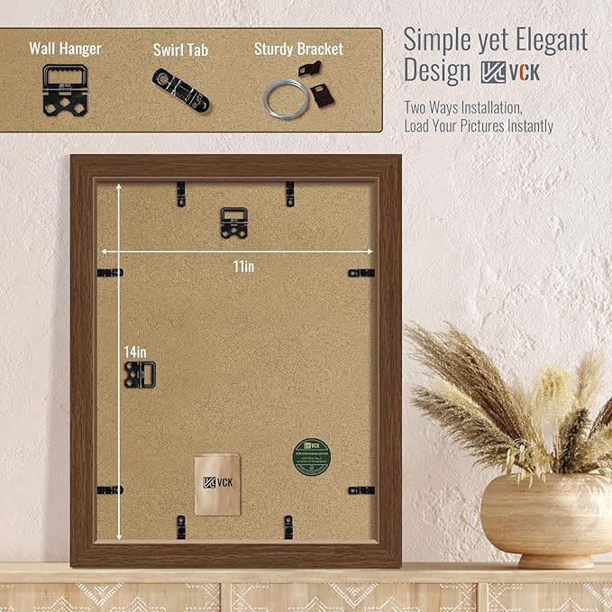 VCK 11x14 Picture Frame 5 Pack - Brown, High-End Wood Poster Frames with Tempered Glass, Display 8x10 Photo with Mat or 11x14 without Mat, Art Gallery-Quality, Wall Hanging, Brown