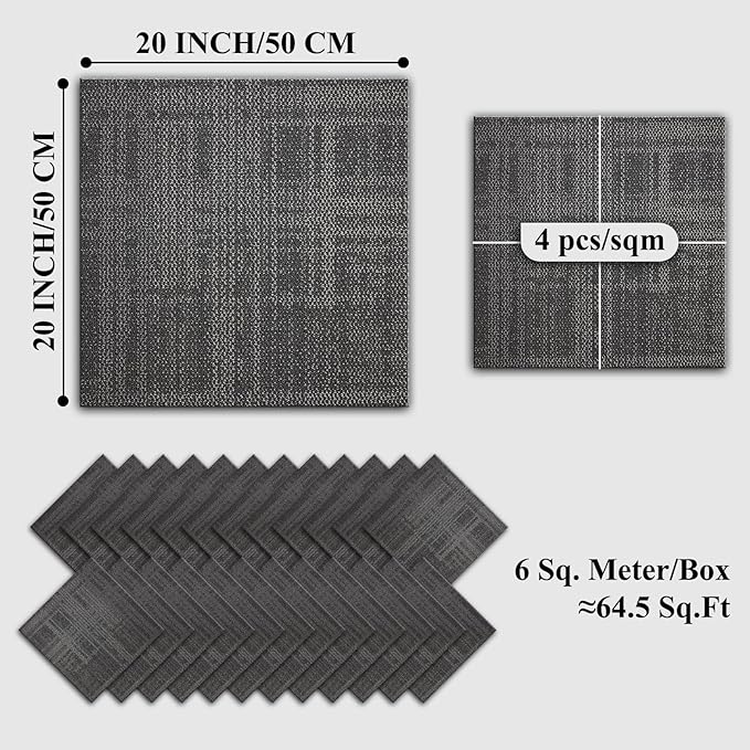 20" X 20" Carpet Tiles, Carpet Squares, 24 Tiles/64.5 Sq.Ft per Box, Floor Carpet Tiles for Home Office Industry, Geometric-Light Grey