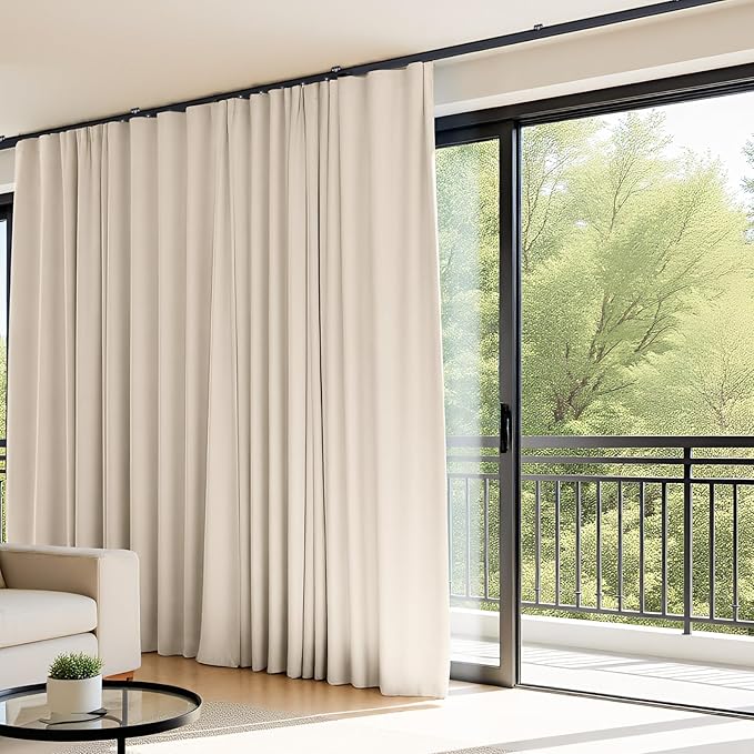 Room Divider Curtains Flexible Ceiling Tracks Set Curtain Track Ceiling Mount Blackout Curtain for Living Room Bedroom Ceiling Curtain Rod Privacy Dividers Panels W100 x H108 Beige Drape & Black Rail
