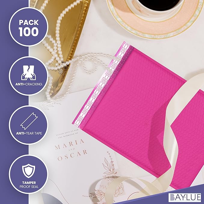 Hot Pink 10x13 Inch Poly Bubble Mailers |Self Seal Padded Envelopes for Thick books | Air Cushioned Bubble Mailer | Usable Size 9.5x13 | Waterproof Lightweight Mailing Shipping Bags | 100 Pack Bulk