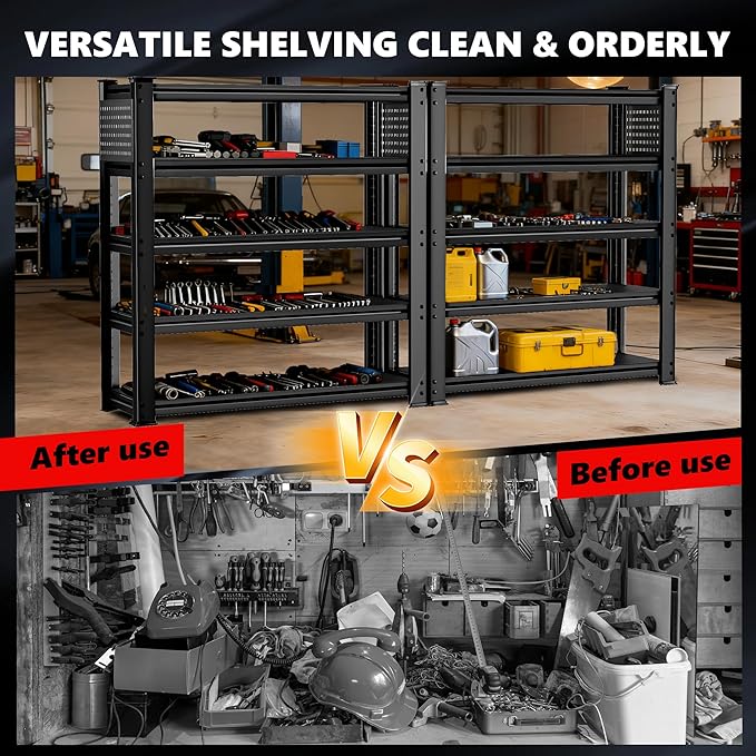 SILVEL 48.2"W Garage Shelving, 5000LBS Heavy Duty Metal Shelving, 2025 Solid Storage Shelves, 2 Side Pegboards, Industrial 5 Tier Shelves for Basement Pantry Warehouse Supermarket, 72.2" x24.2" x48.2"