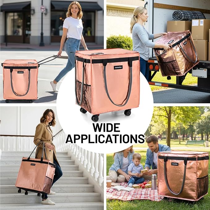 (Medium) Fanwoli Reusable Grocery Bag On Wheels with Removable Liner | Wrinkle-Resistant Fabric | Enhanced Stability Wheels & Extended Handle | Foldable Shopping Trolley for Laundry, Carries Up to 66L