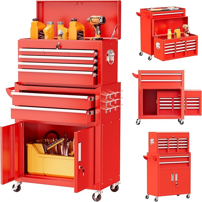 Bonusall 8 Drawer Rolling Tool Chest and Cabinet Combo,Heavy-Duty Metal Garage Tool Chest with Wheels and 2 Doors,2-in-1 Top Box and Roller Cabinet Combo for Garage, Workshop, Warehouse-Red
