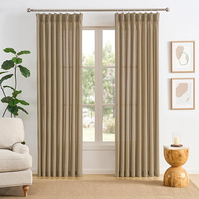 Dark Flax Pinch Pleated Linen Curtains 94 Inches Long Semi Sheer Memory Trained Ripple Fold Curtain with Hooks Back Tab Textured Light Filtering Drapes for Bedroom Living Room 50x94 Set of 2