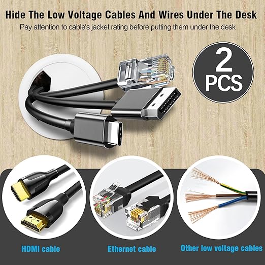 2-3/8" Spring Desk Grommet, JTemgle Plastic Cable Hole Cover Computer Table Cord Wire Organizer Caps Desktop Cord Management for Home Office TV Stands Tabletops - White, 2 Pcs