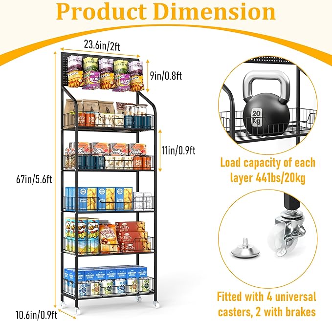 Retail Snack Display Stand,5-Tier Black Metal Storage Shelf Brackets with Wheels & Hooks,Metal Storage Shelves Heavy Duty, Retail Display Shelves Racks,Snack Organizer Stand Display Supplies