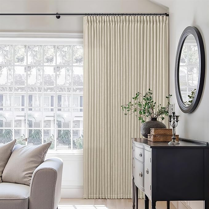 Beige Linen Pinch Pleated 120 Inch Curtains 2 Panels for Living Room Bedroom Memory Training Shape Semi Sheer Neutral Flax Pinch Pleat Drapes with Hooks Rings Light Filtering Window Curtain 40x120