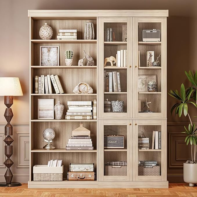 Vyre 70.8" Tall Farmhouse Bookshelf with Glass Doors, Modular Bookcase with 6-Tier Adjustable Shelves, Large Storage Cabinet for Kitchen, Living Room, Set of 4, Brown