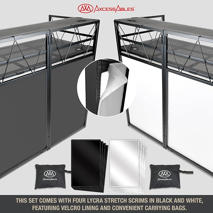 AxcessAbles Two-Tier Portable DJ Booth | Large DJ Table Stand w/ 43"x25" Desk Surface | 2 Ergonomic Table Heights | Black & White Facades, Carry Cases | DJ Laptop Controller Stand