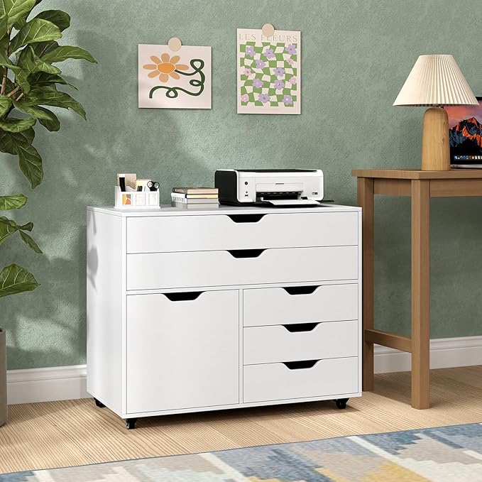 File Cabinet, White Filing Cabinet w/Universal Wheels, Wood Printer Stand w/Storage, Rolling File Cabinets for Home Office, Living Dining Room (White, 2 Large Drawers & 3 Small Drawers)