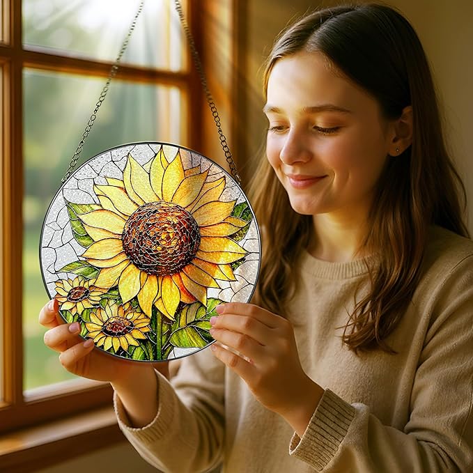8-Inch Stained Glass Ornament, Stained Glass Window Hanging, Sunflower Ornament, Window Hanging Decor Suncatcher | Mother's Day, Christmas, Birthday, Gifts for Sunflower Plant Lovers