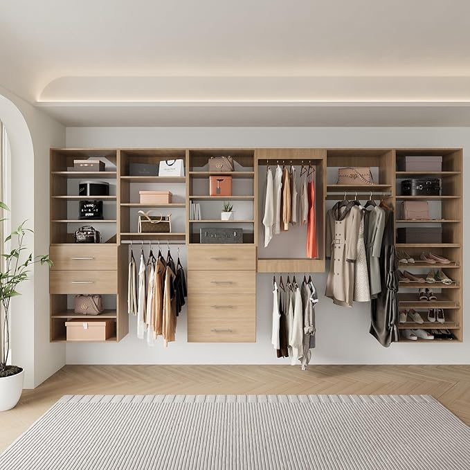 Tall Hanging Closet Unit, Modular System Organizer With Storage for Walk-In Closets, Clothing Rack Wardrobe for Hanging Clothes, Bedroom, Wood, 31.5"W