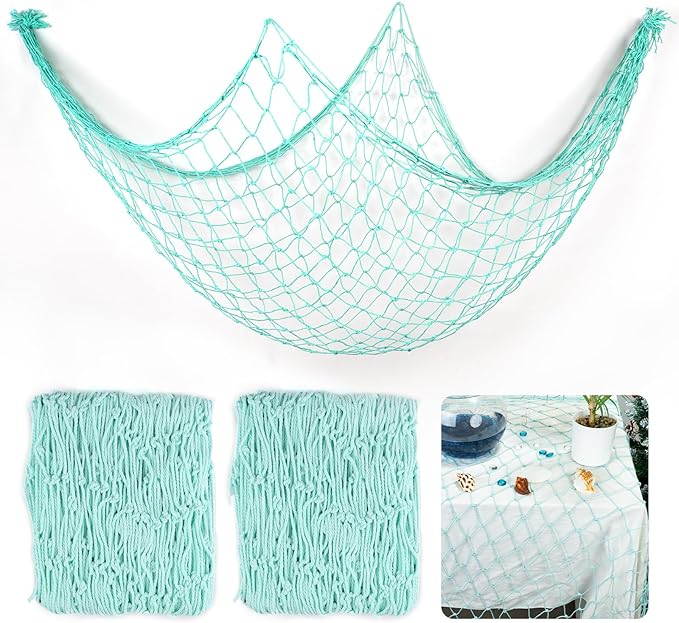 2 Pcs Fish Net Decorations, 39x78 Inch Cotton Nautical Themed Fishing Net, Wall Hanging Photo Display Fishnet for Coastal Bedroom Bathroom, Pirate Hawaiian Beach Under The Sea Party Decor, Sea Blue