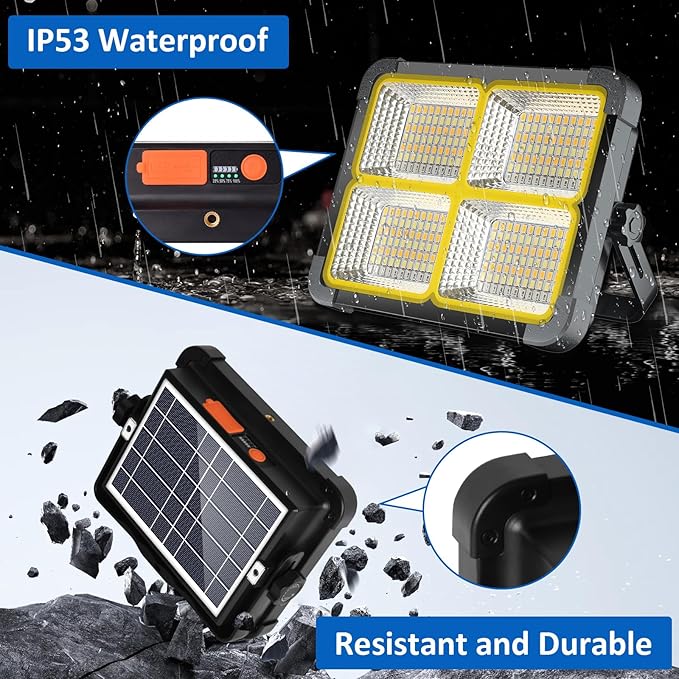 100W Rechargeable Work Light, 12000mAh Solar Work Lights, 336 LEDs Flood Light, 4 Lighting Modes& Stepless Dimming, Portable for Camping, Car Repair, Power Cut, Emergency