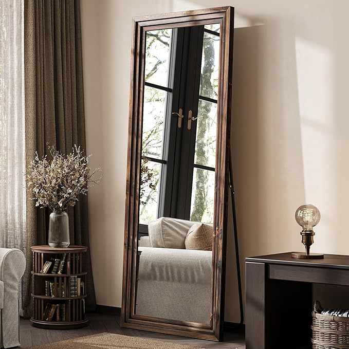 Full Length Mirror, 63"x21" Rustic Farmhouse Floor Mirror with Stand, Rectangular Solid Wood Frame in Walnut Finish, Full Body Mirror for Bedroom, Hallway & Living Room
