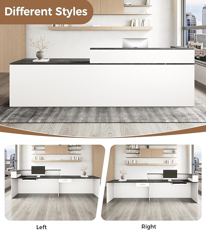 Modern L-Shaped Reception Desk with Counter – 71" Front Desk Reception Room Table with Lockable Drawer & Keyboard Tray for Office, Salon, Lobby, Checkout (White + Black, Left)