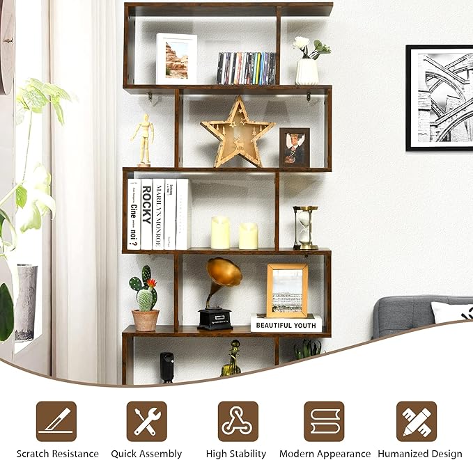 Tangkula 6 Tier S Shaped Bookshelf, 31.5''L x 9''W x 75''H, Wooden Bookcase and Bookshelves w/Anti-Toppling Device, Room Divider Display Shelves for Living Room, Home Decor, 6 Shelf Bookshelf