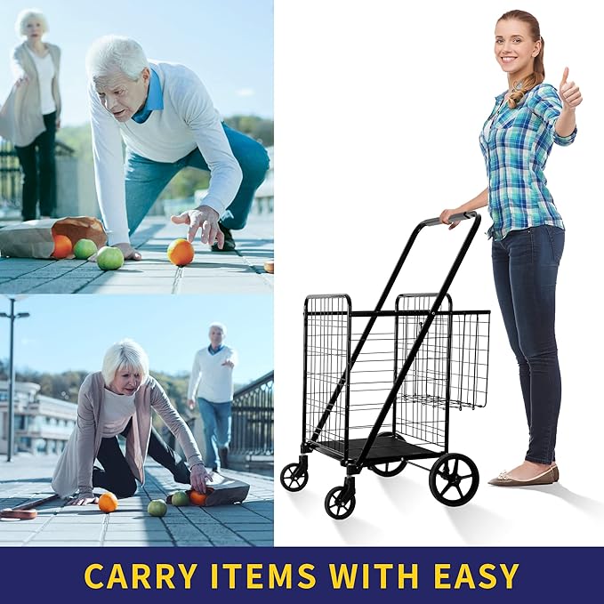 Folding Shopping Cart, Grocery Cart, 450 Lb Capacity, Utility Cart with 360° Rolling Swivel Wheels, Extra Large & Extra Basket