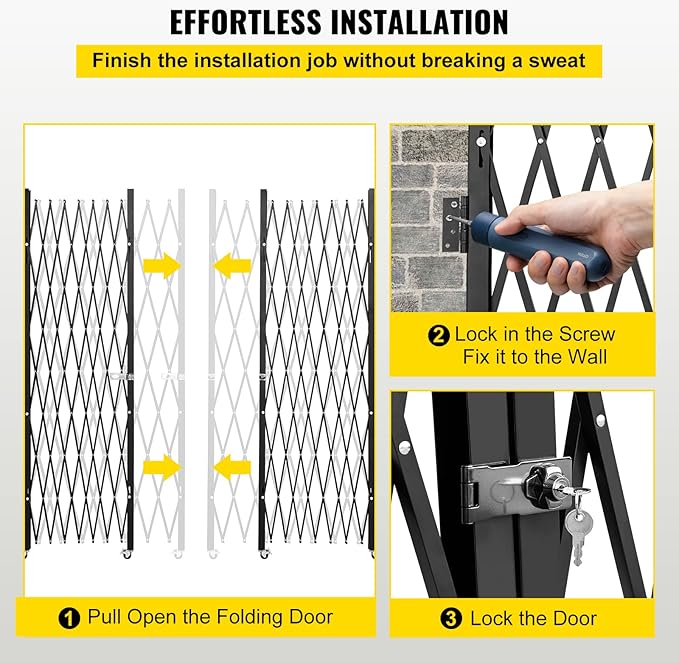 VEVOR Double Folding Security Gate, 87" H x 150" W Folding Door Gate, Steel Accordion Security Gate, Flexible Expanding Security Gate, 360° Rolling Barricade Gate, Scissor Gate or Door with Keys