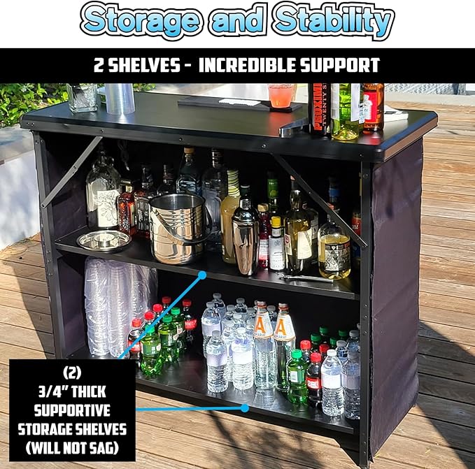 PartyLife Custom Premium Portable Bar Table w/Folding Legs, Black Fabric Bar Skirt, 2 Storage Shelves & 2 Carrying Bags | Commercial Grade | Strong & Sturdy