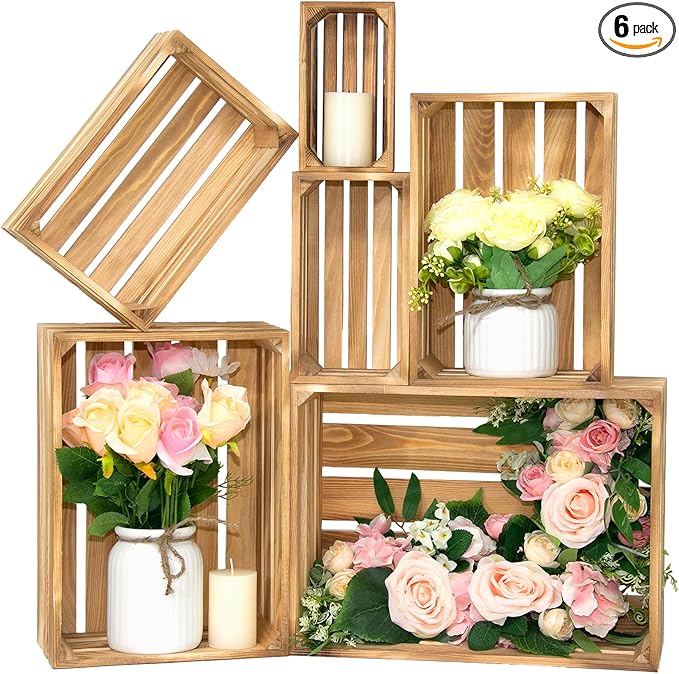 Wooden Crates for Display 6 Pack Large Rustic Nesting Wooden Basket with Handle, Decorative Farmhouse Wood Crate for Storage and Container, 6 Size Wood Basket Decor Boxes