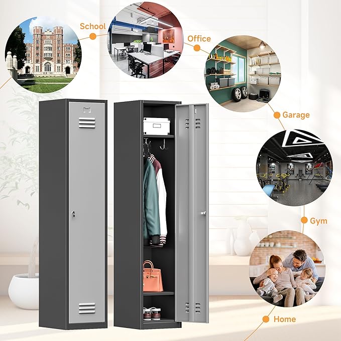 Bestoo Metal Locker, 71" Storage Cabinet with 1 Lockable Door and Hooks, Tall Freestanding Wardrobe for Employees, Gym, School, Home and Office (Black Gray)