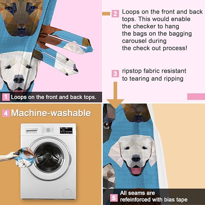 BeeGreen Cute Dog Cloth Gift Bags - Reusable Grocery Bag with Handles Foldable Washable 6 Pack - Extra Large Heavy Duty Tote Bag for Groceries (Bulk Holiday Packable Travel) - Shopping Bags for Women