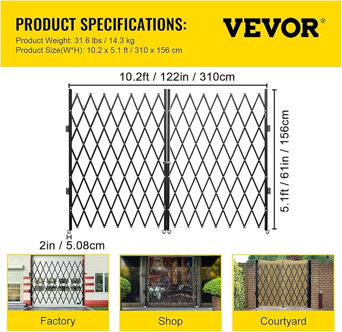 VEVOR Double Folding Security Gate, 61" H x 122" W Folding Door Gate, Steel Accordion Security Gate, Flexible Expanding Security Gate, 360° Rolling Barricade Gate, Scissor Gate or Door with Keys