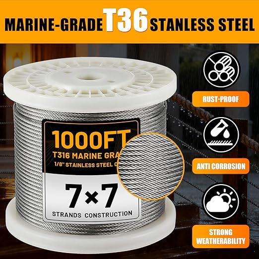 AHEONLAR 1000FT 1/8" T316 Stainless Steel Cable for Railing,7x7 Wire Rope with Cutter,1850 lb Breaking Strength,Deck Stair Fence Hardware Kit for Indoor Outdoor Use,Silver