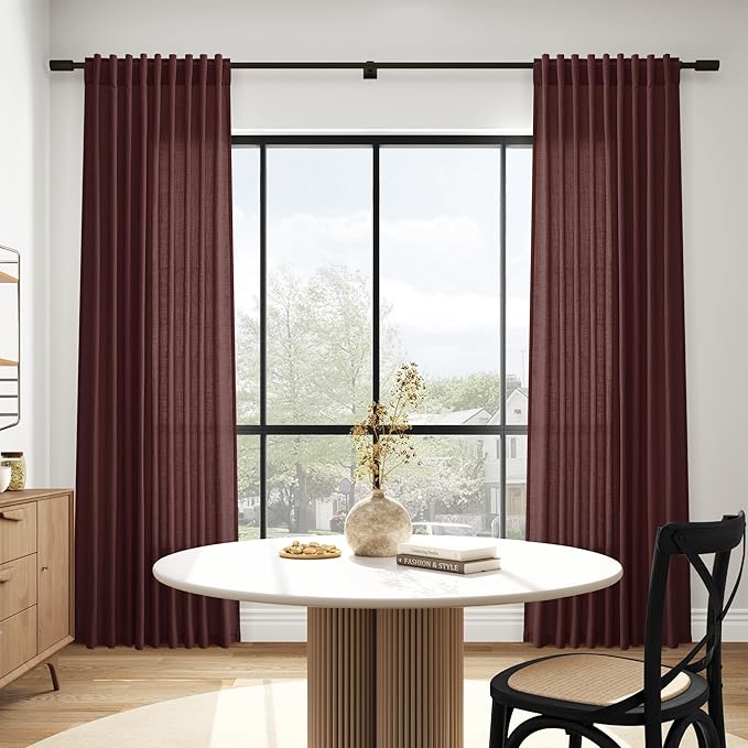Reddish Brown Curtains 63 Inches Long 2 Panel Sets for Living Room Bedroom, Light Filtering Linen Drapes for Kitchen Windows Rod Pocket or Back Tab Curtain,Semi Sheer 52x63