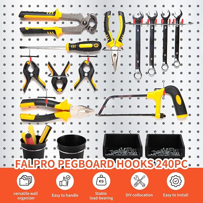 240PCS Pegboard Hooks Assortment, Pegboard Organizer Kit with Bins, Cups, 1/8 and 1/4 inch Hooks for Hanging Tools, Garage Wall Organization