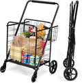 Goplus Folding Shopping Cart, Jumbo Double Basket Utility Grocery Cart 330lbs Capacity with 360° Rolling Swivel Wheels, Portable Heavy Duty Cart for Laundry Shopping Grocery