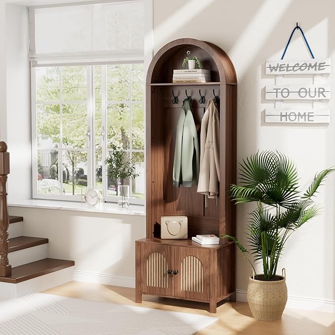 Hall Tree with Bench and Shoe Storage, Entryway Storage Bench with Coat Rack, 70.9"Arch Coat Rack with 4 Hooks and 2 Fluted Doors, Farmhouse Style Furniture Organizer for Hallway (Walnut, 23.7"W)