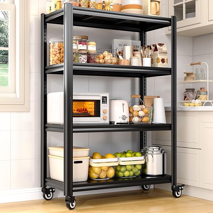 REIBII 4 Tier Storage Shelves with Wheels, 530LBS Adjustable Pantry Shelves,Metal Shelving Unit for Garage, Pantry, Kitchen, Living Room, Warehouse, Basement, 59.8" H x 31.5" W x 16.5" D, Black