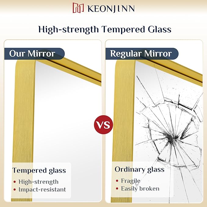 Keonjinn Gold Bathroom Mirrors for Over Sink, 40” x 30” Brushed Brass Mirror, Large Rounded Rectangle Gold Vanity Mirror with Metal Frame, HD Tempered Glass Modern Wall Mirror(Horizontal/Vertical)