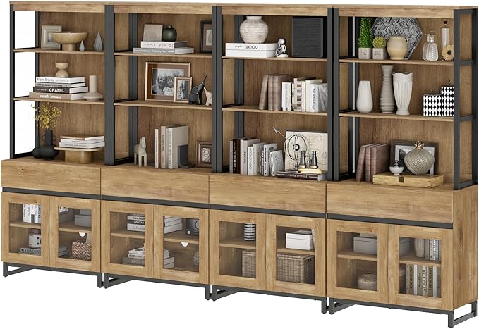 WAMPAT 4 PCS Modern 72" Tall Bookcase with 4 Drawers and Open Book Shelfs, Library Book Shelf with Storage Cabinet and Glass Doors, Wood Freestanding Bookshelves for Home Office, Living Room, Oak