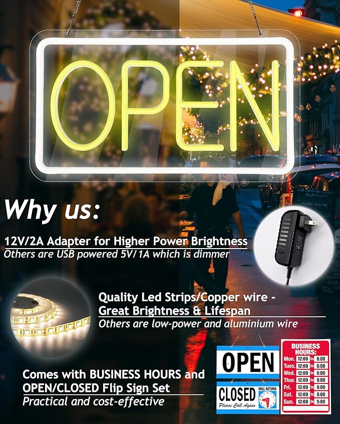 Open Signs for Business,Neon Open Sign Led,16.5"x 9",with Open/Closed Bussiness Hour Sign Set,Light for Bar Coffee Salon Store Window,12V/2A Adapter with ON/OFF Switch (Yellow/White Horizontal)
