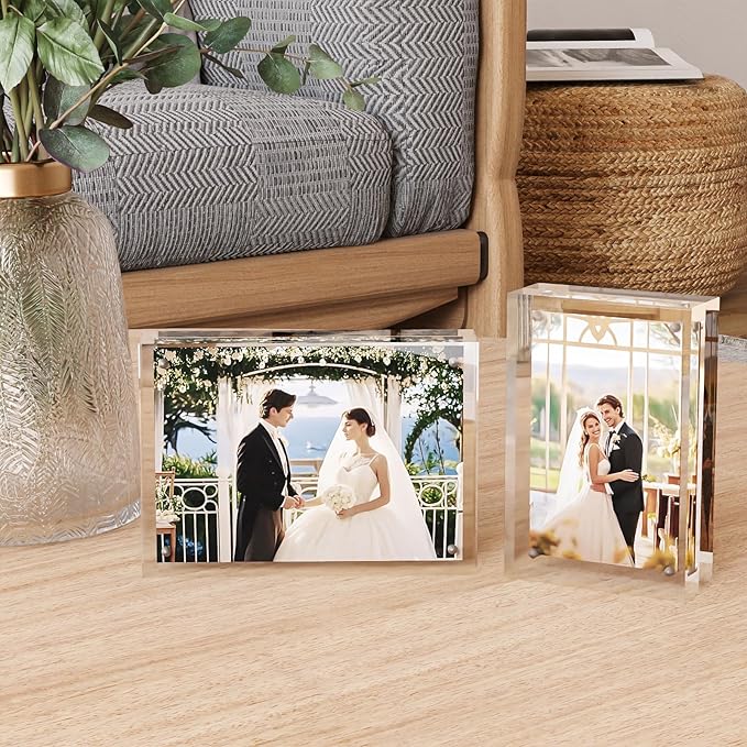 Egofine 5x7 Acrylic Frames 2 Pack, 20mm Thicker Frameless Clear Picture Frames, Double Sided Magnetic Picture Frames, Free Standing Desktop Display