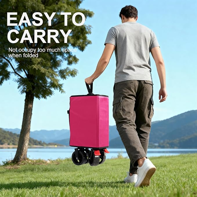 Collapsible Wagon Cart with Extended Tailgate,Heavy Duty Folding Cart, 155L Foldable Utility Wagons for Beach, Picnic, Grocery, Outdoor Camping(Pink)