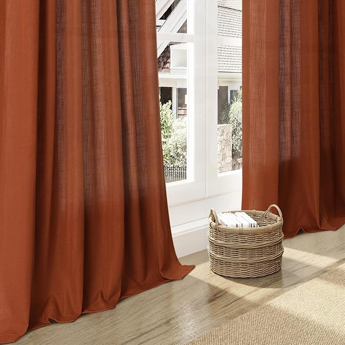 Terracotta Linen Curtains 92 inches Long 2 Panel Set Back Tab Rod Pocket Rustic Farmhouse Boho Curtains for Living Room Semi Sheer Brick Burnt Orange Bohemian Fall Decor for Dining Room Rust