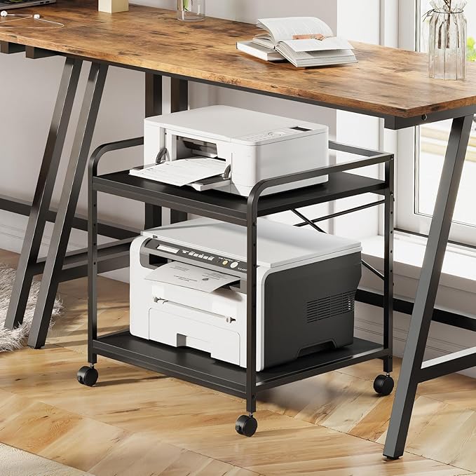 Warmiehomy 2 Tier Printer Stand with Storage, 22 Inches(55cm x 50cm) Under Desk Rolling Printer Cart with Height Adjustable Shelf, Large Printer Table for Home Office, Black