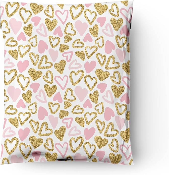 12x15 (50) Pink and Gold Hearts Valentine's Day Designer Poly Mailers Waterproof Self Sealing Tear Resistant Polymailers Large Shipping Envelopes Premium Printed Bags For Small Businesses