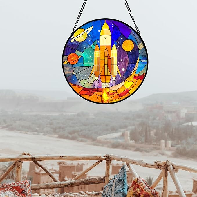 Stained Glass Window Hanging Abstract Universe Planetary Rocket 6.3" - Suncatcher Door Garden Sun Catcher Home Decor Birthday Children's for Men Teenage Boys Kids