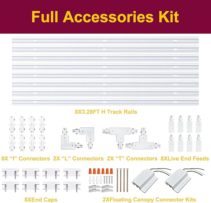 White Full Accessories and Rails Kit for H Type Track Lighting Systems 26FT Track Rails, Floating Canopy Connector, Live End, I, T and L Connectors.Great Value Set for LED Track Lighting
