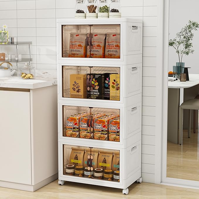 Storage Bins with 2 Lids and Wheels, 597QT-99.5QT*6Tier Collapsible Bathroom Storage Cabinet with Clear Doors, Plastic Stackable Closet Organizers and Containers White