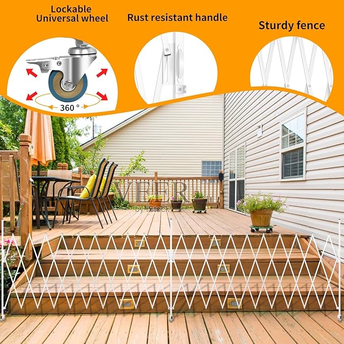 Expandable Barricade Gate,200"" Metal Safety Barrier Gate with Casters,Accordion Garden Yard Outdoor Indoor Fence Folding Security Dog Gates Wall Mount,White, Large