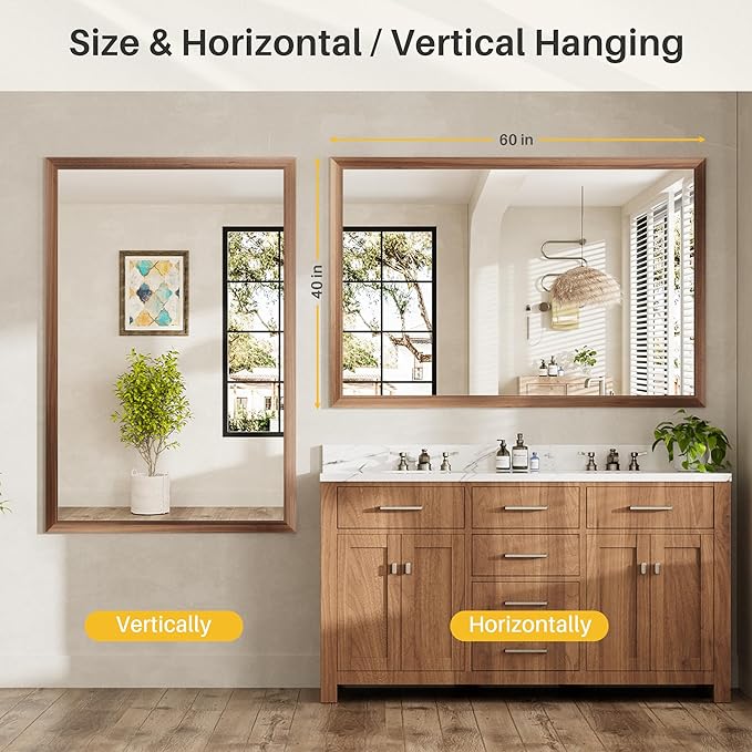 60x40 Inch Bathroom Mirror for Wall, Anti-Rust Walnut Wood Grain Metal Framed Bathroom Mirrors for Over Sink,Rectangler Mirrors for Bathroom Vanity, Farmhouse, Bedroom, Living Room, Entryway Decor