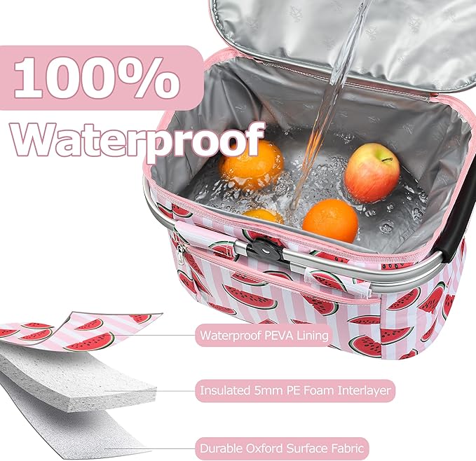 Tirrinia Large Insulated Picnic Basket, 34L Water Resistant & Leakproof Collapsible Portable Cooler Basket Set with Aluminium Handle for Travel, with a Free Foldable Grocery Bag, Pink