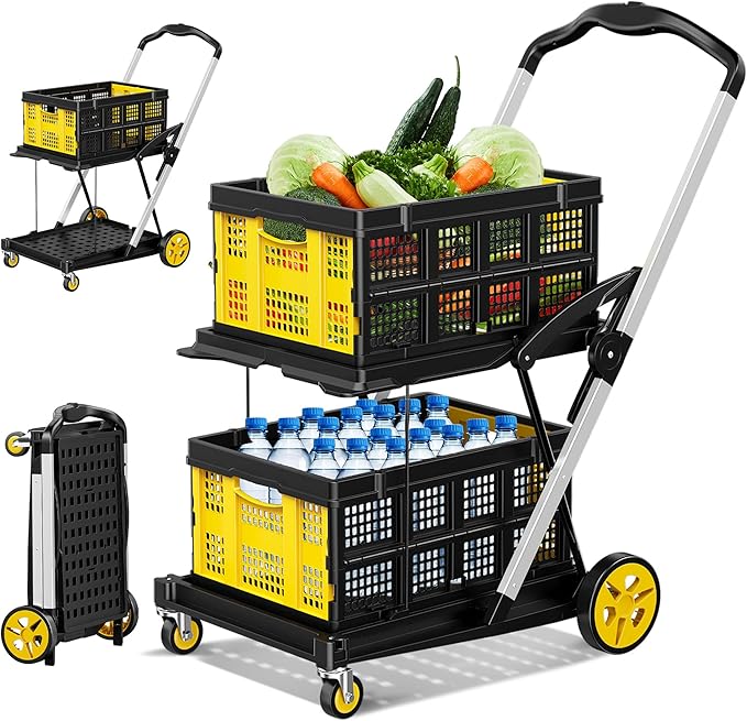 Collapsible Shopping Cart with Wheels, 8-in-1 200LBS Capacity Grocery Cart on Wheels with 2 Storage Crate, Folding Utility Cart for Shopping, Travel, Supermarket, Office, Yellow