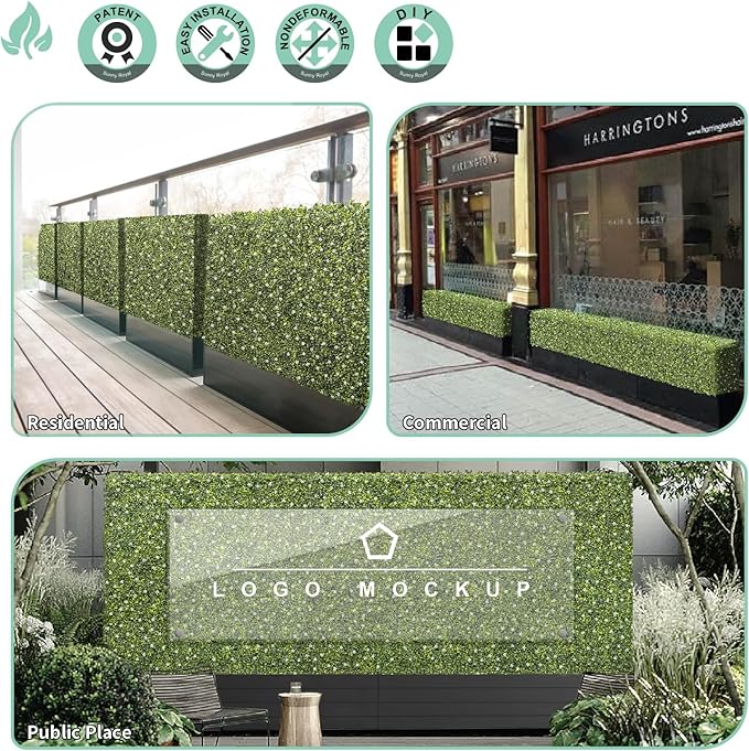 SunnyRoyal 252" Wx18 Hx12 D Artificial Boxwood Hedge Wall for Indoor and Outdoor Lifelike Greenery Privacy Fence for Patio Balcony Office Garden Party(Green with White Flower)
